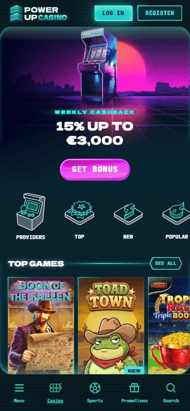 Powerup Casino games area on a mobile browser