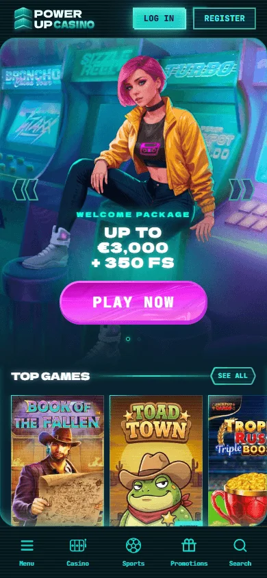 Powerup Casino home page on a mobile browser