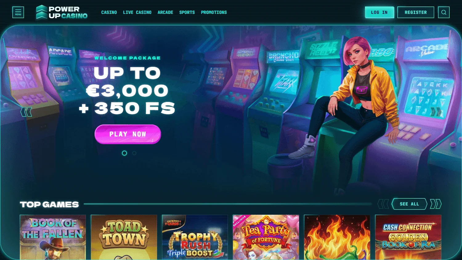 Powerup Casino home page on desktop