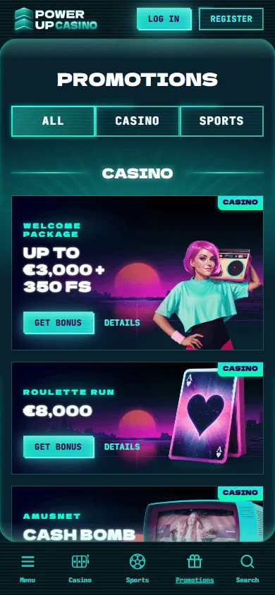 Powerup Casino promotions area on a mobile browser